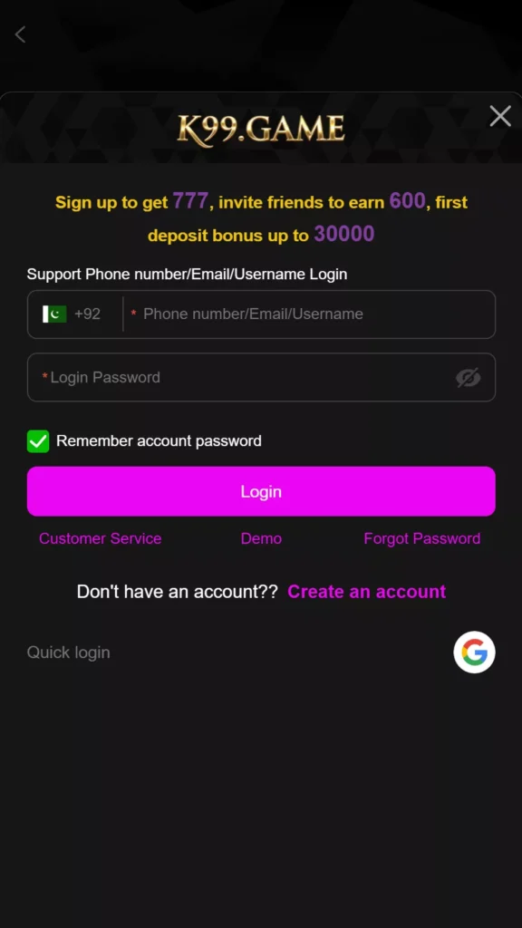K99 Game Login Interface