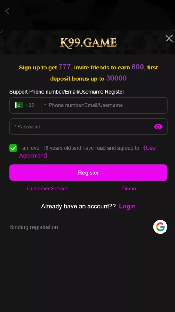 K99 Game Account Creation